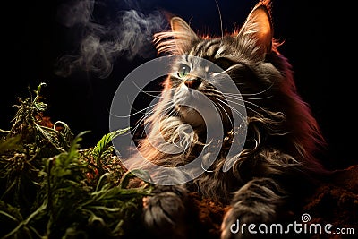 Relaxed Cat on Cannabis Leaves. AI Stock Photo