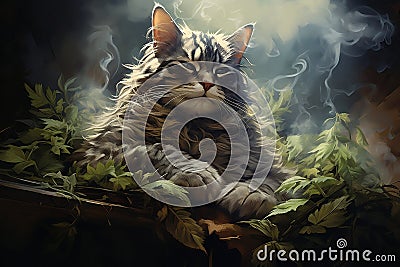 Relaxed Cat on Cannabis Leaves. AI Stock Photo