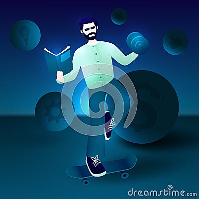 A relaxed and contented businessman is exercising, meditating and reading a book. Vector Illustration