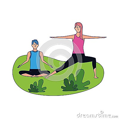 Relaxed couple doing yoga outdoor, colorful design Vector Illustration