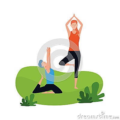 Relaxed couple doing yoga poses outdoors Vector Illustration
