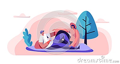 Relaxed Couple on Picnic. Man and Woman Lying down on Blanket in City Park. Happy Pair Rest in Urban Garden. Man Glass Vector Illustration