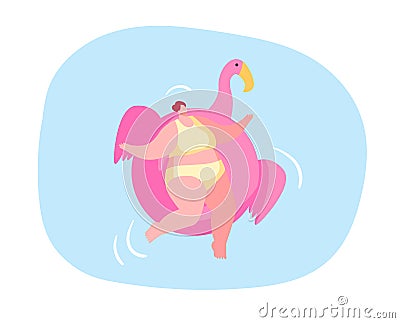 Relaxed Female Character Enjoying Summer Time Vacation Floating on Inflatable Flamingo Mattress Take Sun Bath Vector Illustration