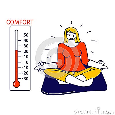 Relaxed Female Character Sitting in Lotus Posture Meditating at Home with Thermometer Show Warm Comfort Temperature Vector Illustration