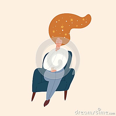 Relaxed girl with starry sky in red hair sitting with closed eyes vector flat illustration. Dreaming domestic woman Vector Illustration