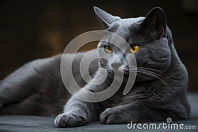 A relaxed gray cat exuding tranquility with amber gaze, surrounded by peaceful silence Stock Photo