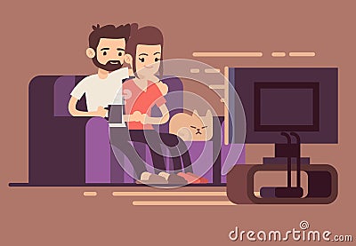 Relaxed happy young couple watching tv at home in living room Vector Illustration