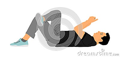Relaxed lazy man lying down with mobile phone vector isolated. Tired boy on pause after job. Outdoor enjoy in rest. Urban lazy boy Stock Photo
