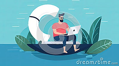 Relaxed man swim on inflatable ring work online on laptop at home lockdown or quarantine. Calm male employee downshifting in Stock Photo