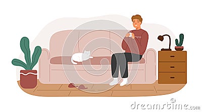 Relaxed man in warm sweater sitting on couch with hot beverage vector flat illustration. Smiling male spending time at Vector Illustration