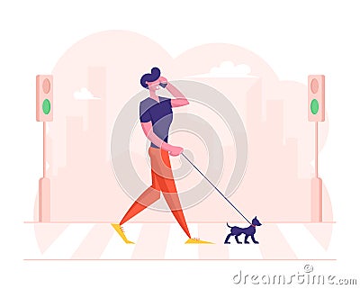 Relaxed Pedestrian with Dog Talking by Smartphone Walking by Crosswalk over Road with Zebra and Traffic Lights Vector Illustration