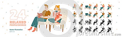 Relaxed people rest at home set Vector Illustration