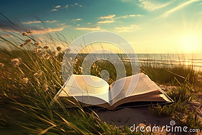 Relaxed Reading at the Seashore: Concept for Vacation Literature Enjoyment, Peaceful Summer Education, and Sunny Beach Relaxation Stock Photo