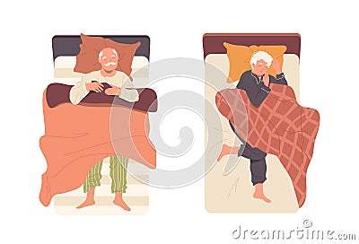 Relaxed senior man and woman cartoon characters sleeping in bed isolated on white background Vector Illustration