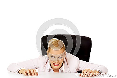 Relaxed smile business woman lying on the desk Stock Photo