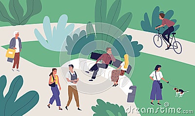 Relaxed tiny people enjoying summer outdoor recreational activity vector flat illustration. Man, woman, couple and Vector Illustration