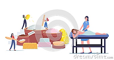 Relaxed Woman Applying Peeling Massage or Salt Scrub in Spa Salon. Tiny Female Characters Making Beauty Product Vector Illustration