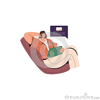 Relaxed woman reading online with tablet PC. Young person sitting in chair, surfing internet, lounging at leisure time Vector Illustration