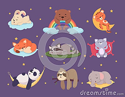 Relaxing animals. Cute sleeping characters funny poses exact vector set isolated Vector Illustration