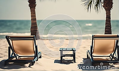 Relaxing beach vacation with a lounge chairs and palm trees Stock Photo