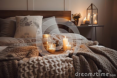 relaxing bedroom that is hygge-inspired with cozy bedding, flannel blanket and candle light Stock Photo