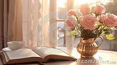 Relaxing breakfast with a glass of coffee, an interesting book and a vase of roses. Generative AI Stock Photo