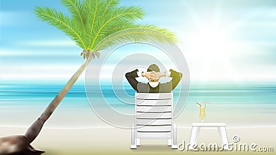 Relaxing businessman. beach palm tree and sea Vector Illustration
