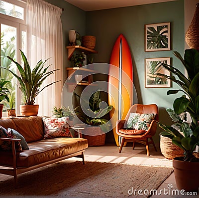Relaxing casual summer iterior design of living room with surfboard Stock Photo