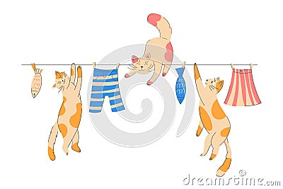 Relaxing cats. Adorable animal. Pets hang on clothesline. Smile kitten. Lovely and sleep. Sweet meow characters for love Vector Illustration