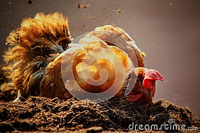 Relaxing of chicken hen lying in dirt soil against beautiful sun Stock Photo