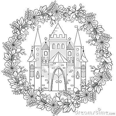 Relaxing coloring page with fairy castle in forest wreath for kids and adults, art therapy, meditation coloring book Vector Illustration