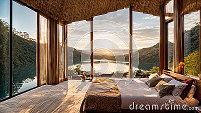 Beautiful cozy bedroom relaxing eco house in nature, river windows idyllic luxury decoration Stock Photo