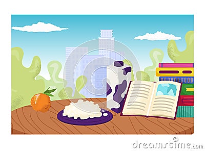 Relaxing foodstuff place, cozy reading area for meal milk, curd and organic fruit flat vector illustration, isolated on Cartoon Illustration