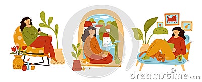 Relaxing girl. Lazy weekend. Cozy interior atmosphere. Calm home hobbies. Reading book. Tea time. Woman sitting on Vector Illustration