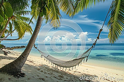 A relaxing hammock swaying in the breeze under a palm tree on a beautiful sandy beach, A hammock strung between two palm trees on Stock Photo