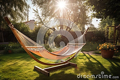 relaxing hammock swing in the sun with view of tranquil garden Stock Photo