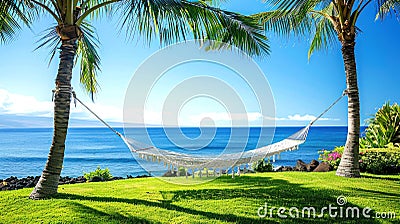 Relaxing Hammock Between Two Palm Trees with Ocean View: A hammock strung between two palm trees with a relaxing view of the ocean Stock Photo