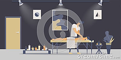 Relaxing massage therapy flat vector illustrations. Young professional masseur and customer in room with candles cartoon Vector Illustration