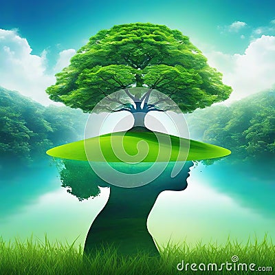 relaxing mind abstract double calm green nature earth with tree in mind Cartoon Illustration