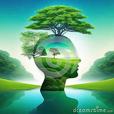 relaxing mind abstract double calm green nature earth with tree in mind Cartoon Illustration