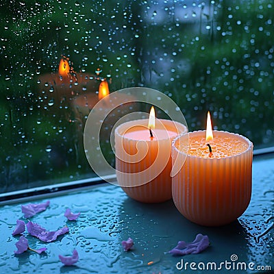 Relaxing moments aroma candles flame glows near a rain drenched window Stock Photo