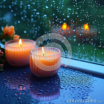 Relaxing moments aroma candles flame glows near a rain drenched window Stock Photo