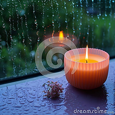 Relaxing moments aroma candles flame glows near a rain drenched window Stock Photo