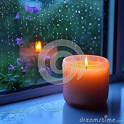 Relaxing moments aroma candles flame glows near a rain drenched window Stock Photo