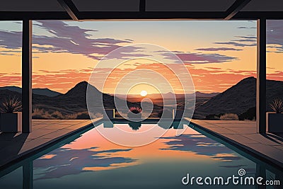 relaxing pool with view of the sunset and distant hills Stock Photo