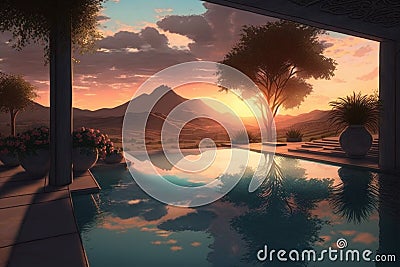 relaxing pool with view of the sunset and distant hills Stock Photo