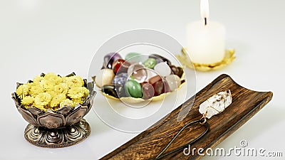 Relaxing ritual with crystals gemstones set, candle and dry flowers Stock Photo