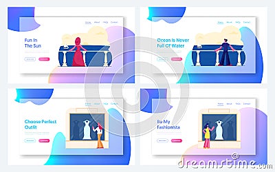 Relaxing on Sea Resort, Women Choose Dress Website Landing Page Set. People Enjoy Ocean View on Hotel Terrace Vector Illustration