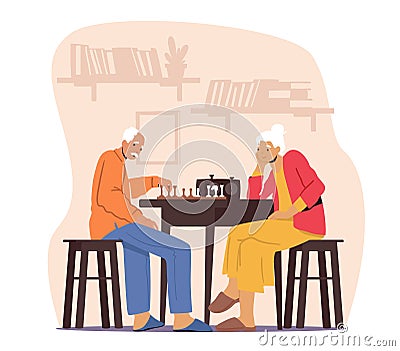 Relaxing Senior Couple Playing Chess in Nursing Home. Thoughtful Man and Woman Pensioners Spending Time Together Vector Illustration