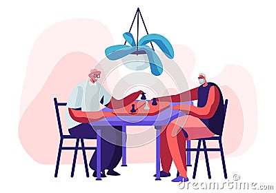 Relaxing Senior Men Playing Chess in Nursing Home. Couple of Cheerful Pensioners Spending Time Together at Intellectual Game Vector Illustration